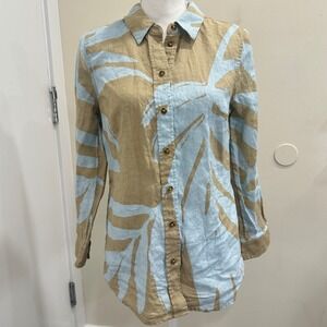 Soft Surroundings Vano Linen Shirt Tan Blue Palm Tropical Leaf Button Down Small